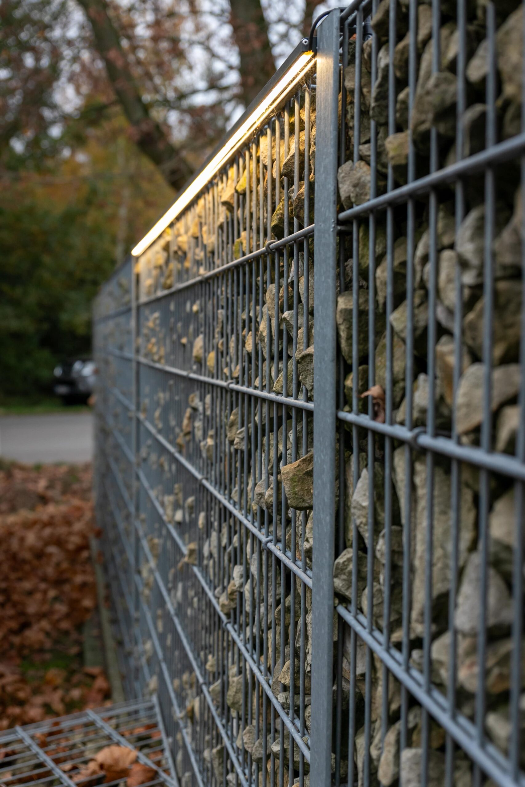 Schlanke Gabionenwand von Klingenberg Zaeune mit LED-Licht vereint modernes Design und schuetzenden Sichtschutz im Garten.