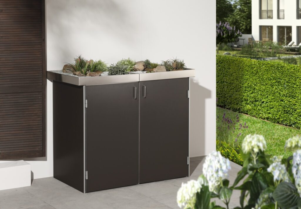 Mülltonnenbox aus Metall in Anthrazit mit Pflanzdach als stilvolles Gründach – elegante Mülltonnenverkleidung von Klingenberg-Zäune aus Garbsen für Hannover und die Region